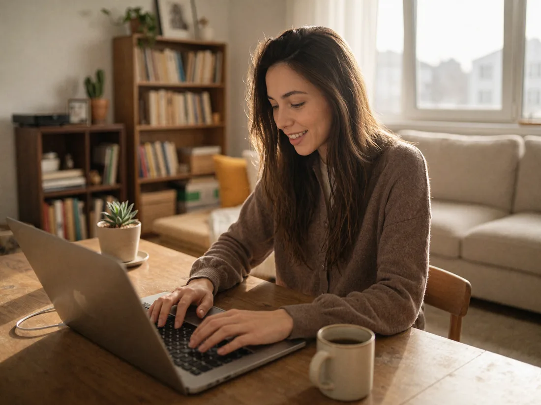 Proprietaria di azienda che configura il suo agente IA su un laptop da casa